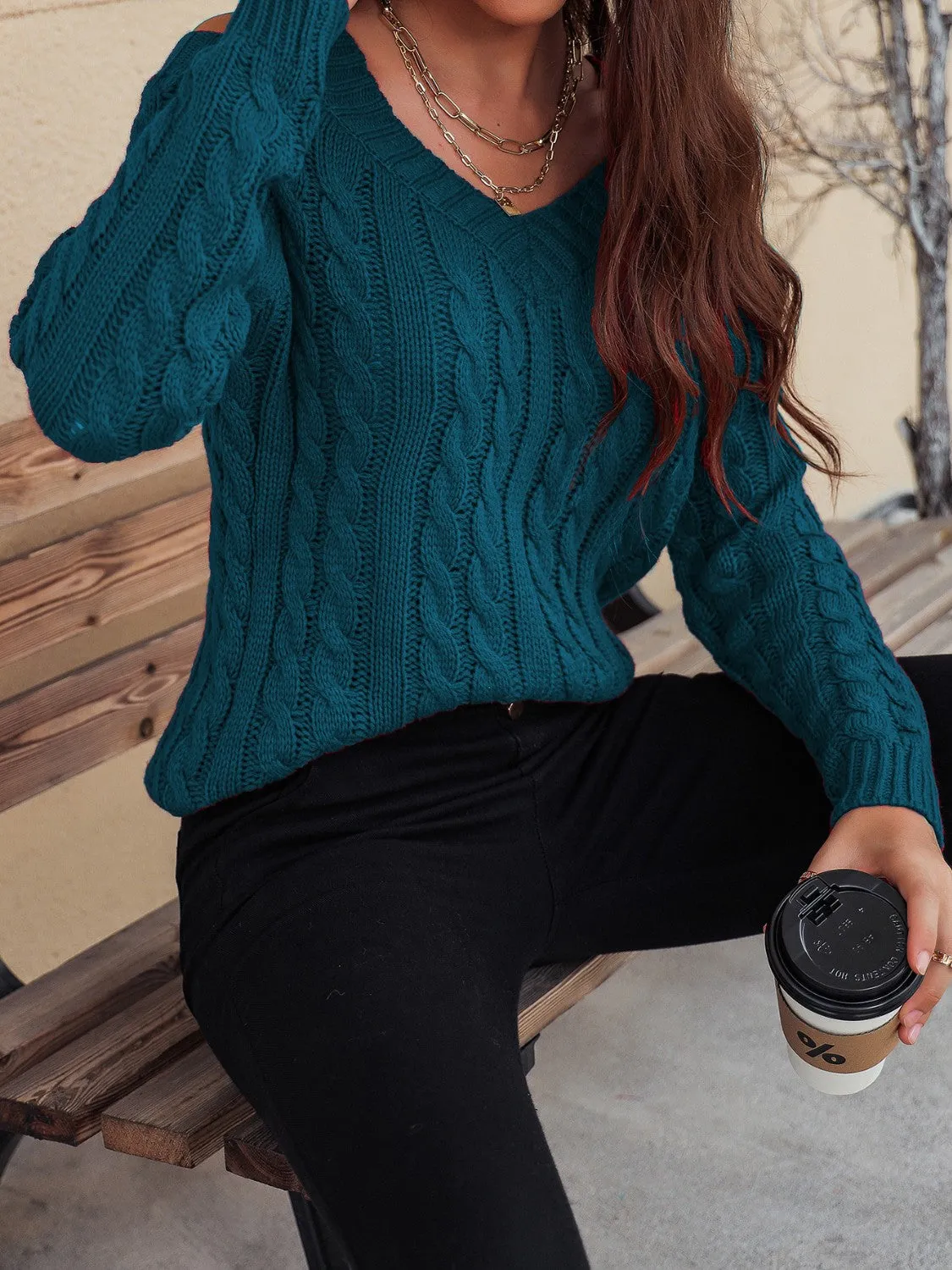 Cable-Knit V-Neck Cold Shoulder Sweater