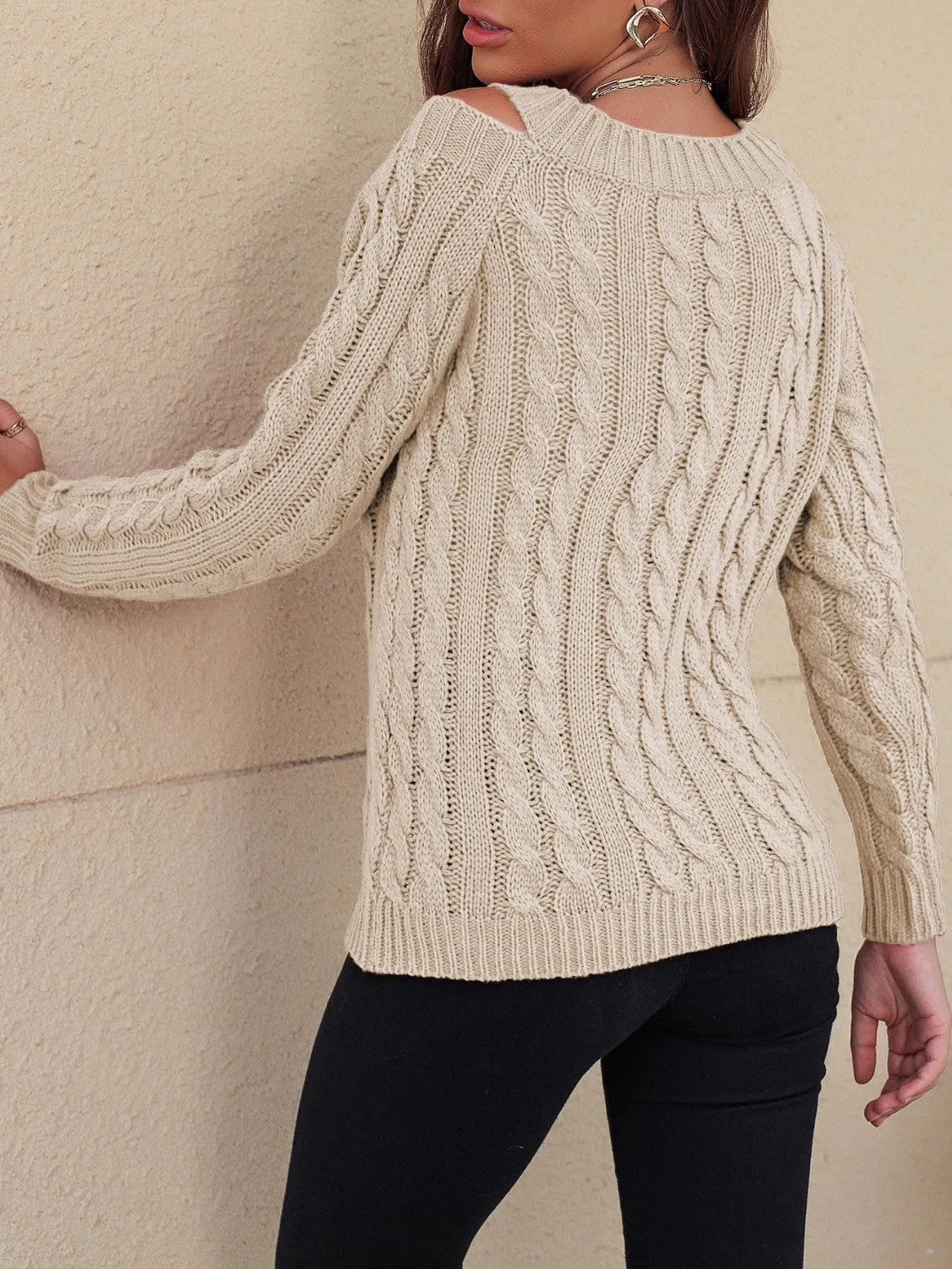 Cable-Knit V-Neck Cold Shoulder Sweater