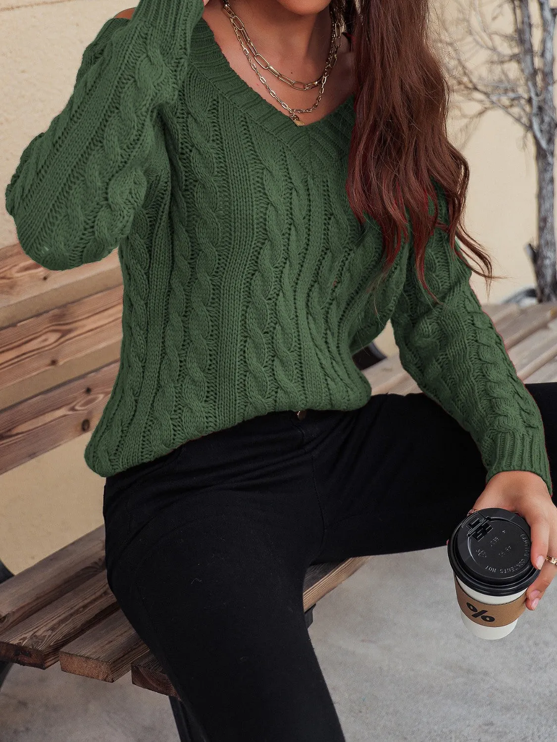Cable-Knit V-Neck Cold Shoulder Sweater