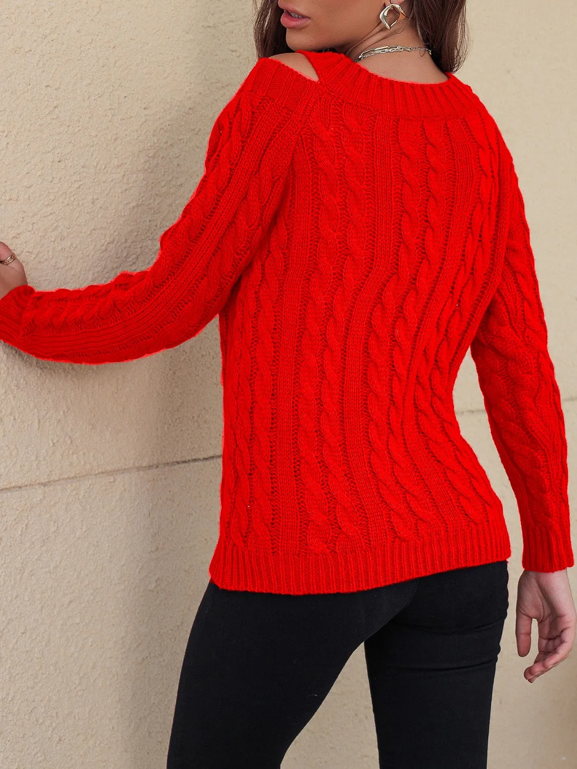 Cable-Knit V-Neck Cold Shoulder Sweater
