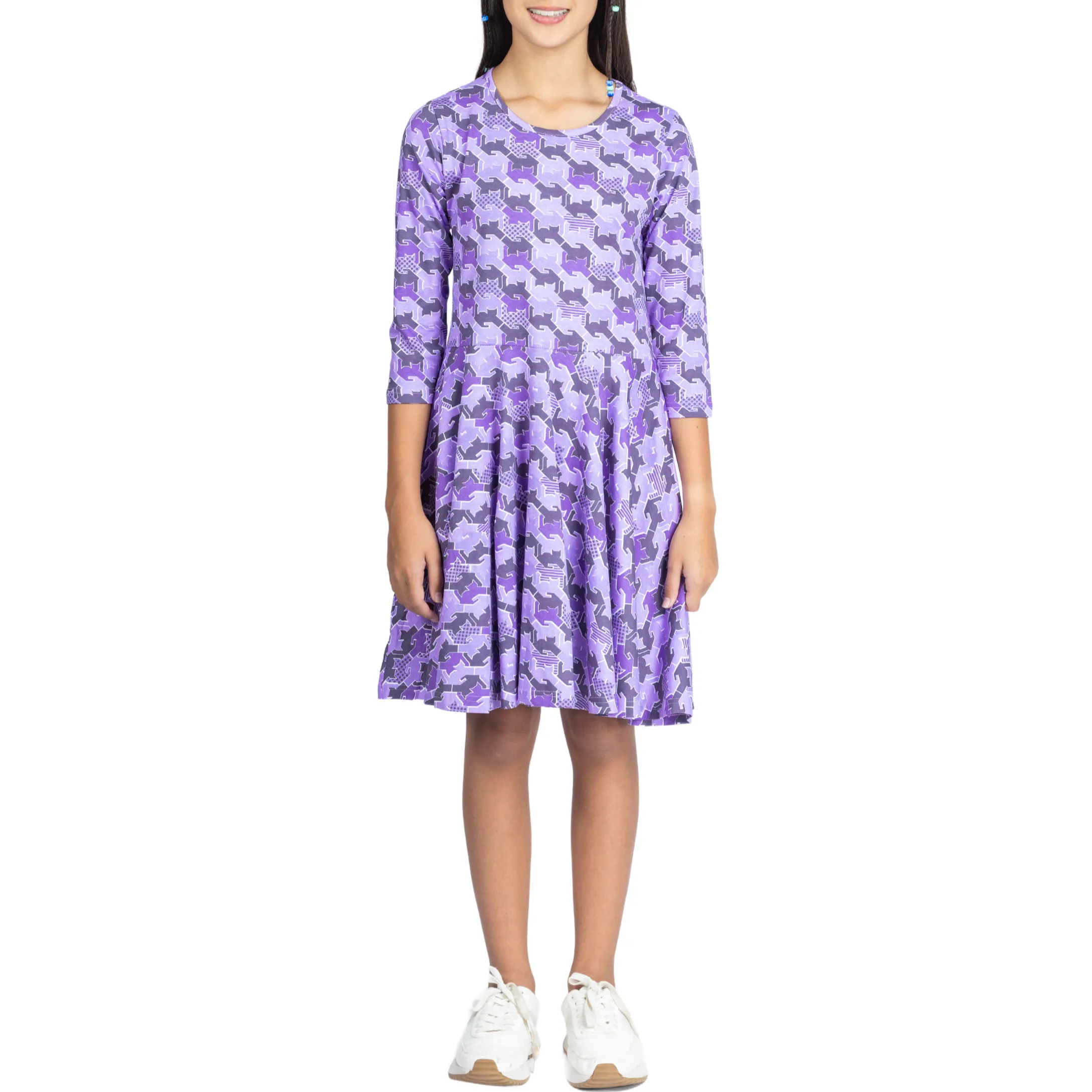Cats Tessellation 3/4th Sleeves Kids Twirl Dress