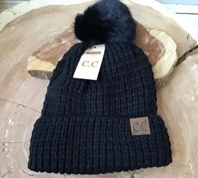 CC Black Waffle Knit Fur Pom Hat
