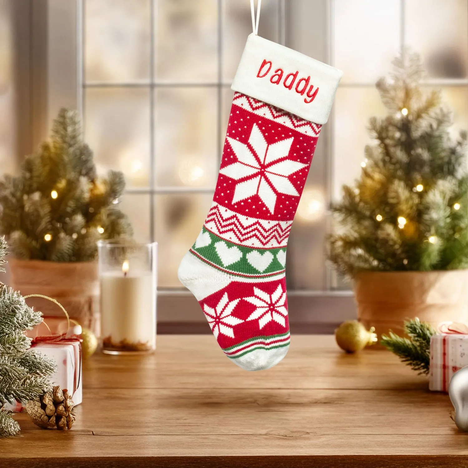 Classic Long Knitted Embroidered Christmas Stocking
