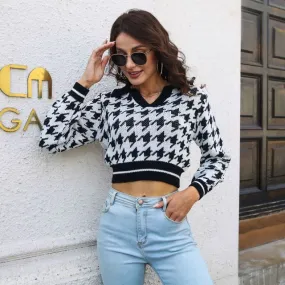 Collar Houndstooth Cropped Sweater FR1049