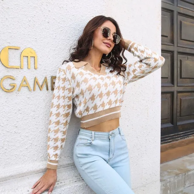 Collar Houndstooth Cropped Sweater FR1049
