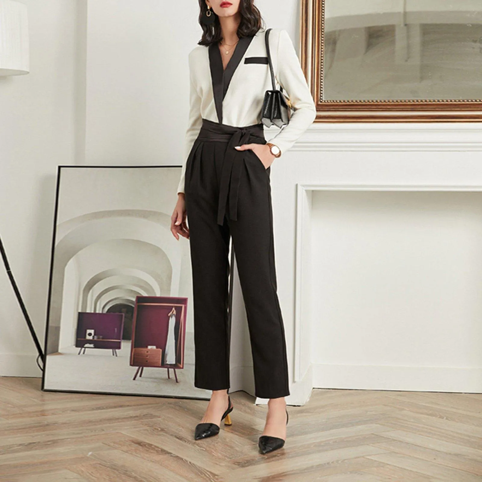 Colorblock Long Sleeve Top High Waist Crop Pants Set