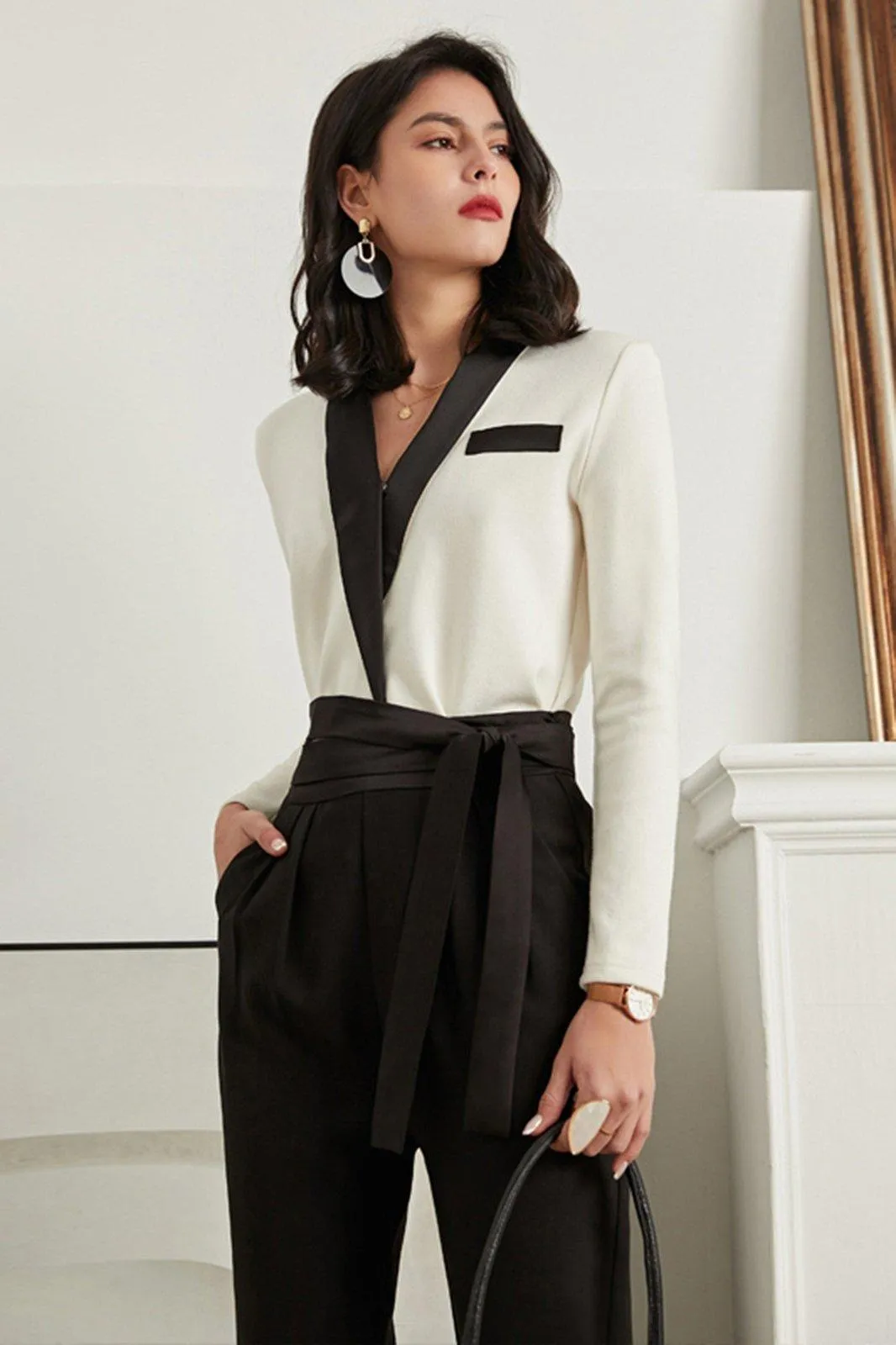 Colorblock Long Sleeve Top High Waist Crop Pants Set