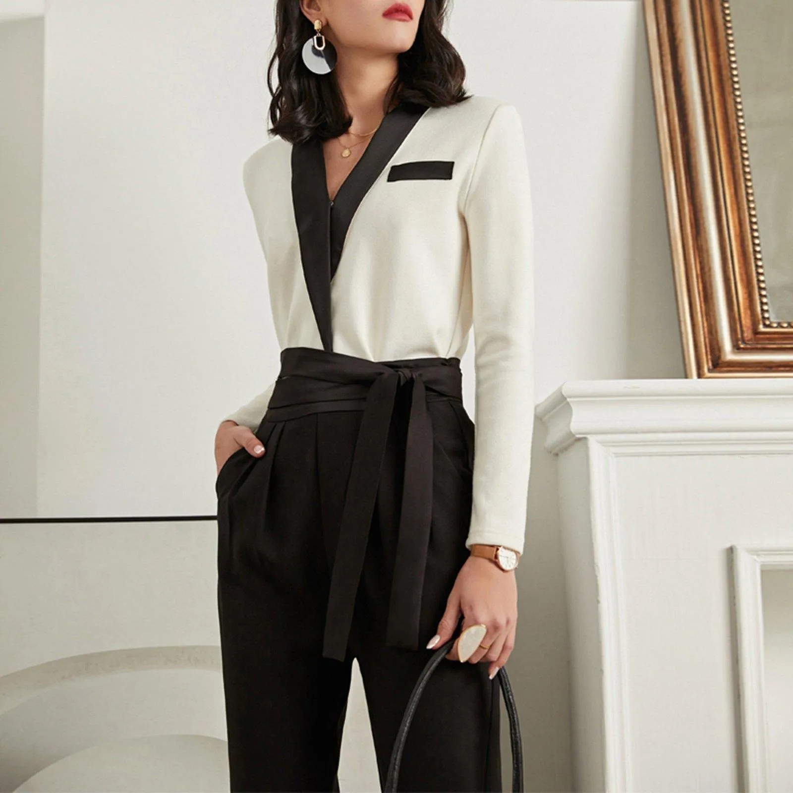 Colorblock Long Sleeve Top High Waist Crop Pants Set