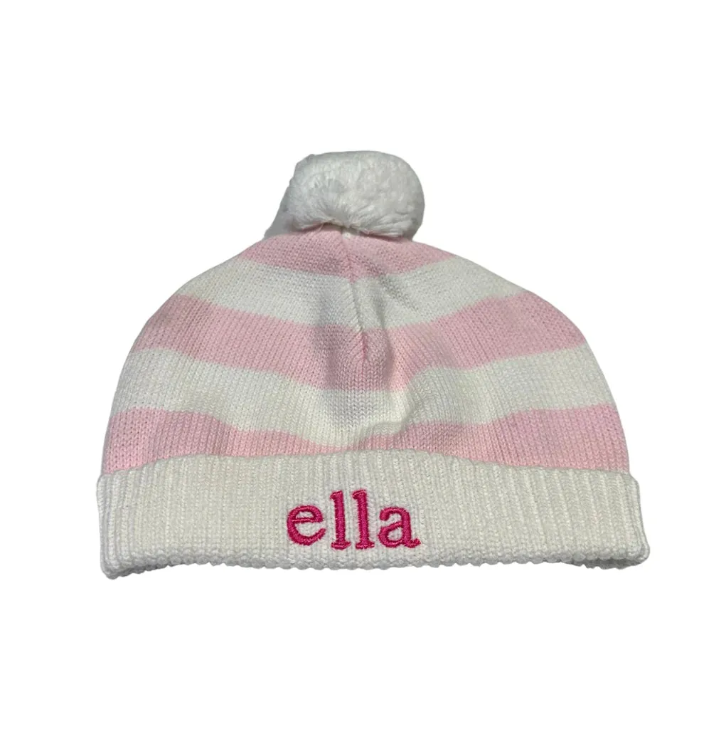 Cotton Baby Hat with Stripes and Pom Poms