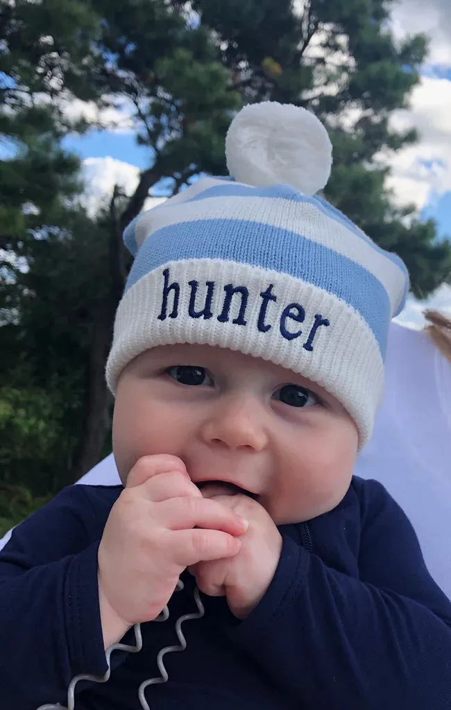 Cotton Baby Hat with Stripes and Pom Poms