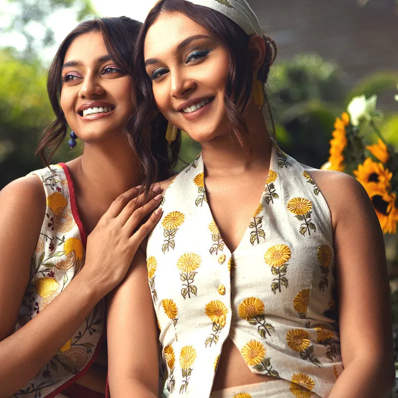 Cotton Co-Ords Set For Women | Vest & Skirt | Sunflower Printed |Yellow