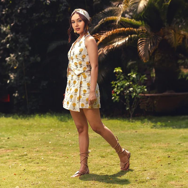 Cotton Co-Ords Set For Women | Vest & Skirt | Sunflower Printed |Yellow