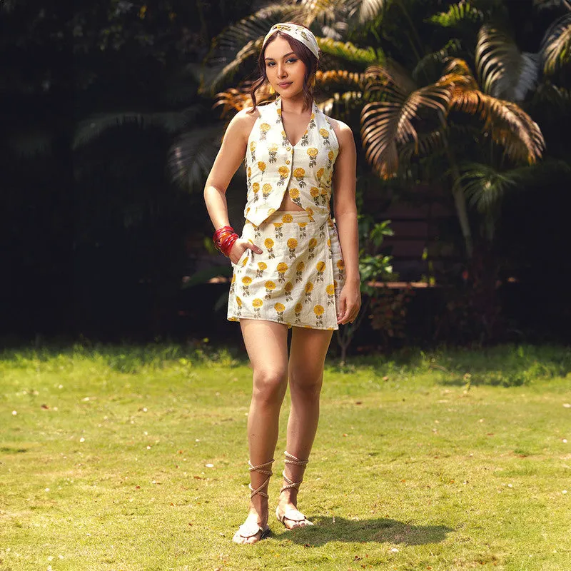 Cotton Co-Ords Set For Women | Vest & Skirt | Sunflower Printed |Yellow