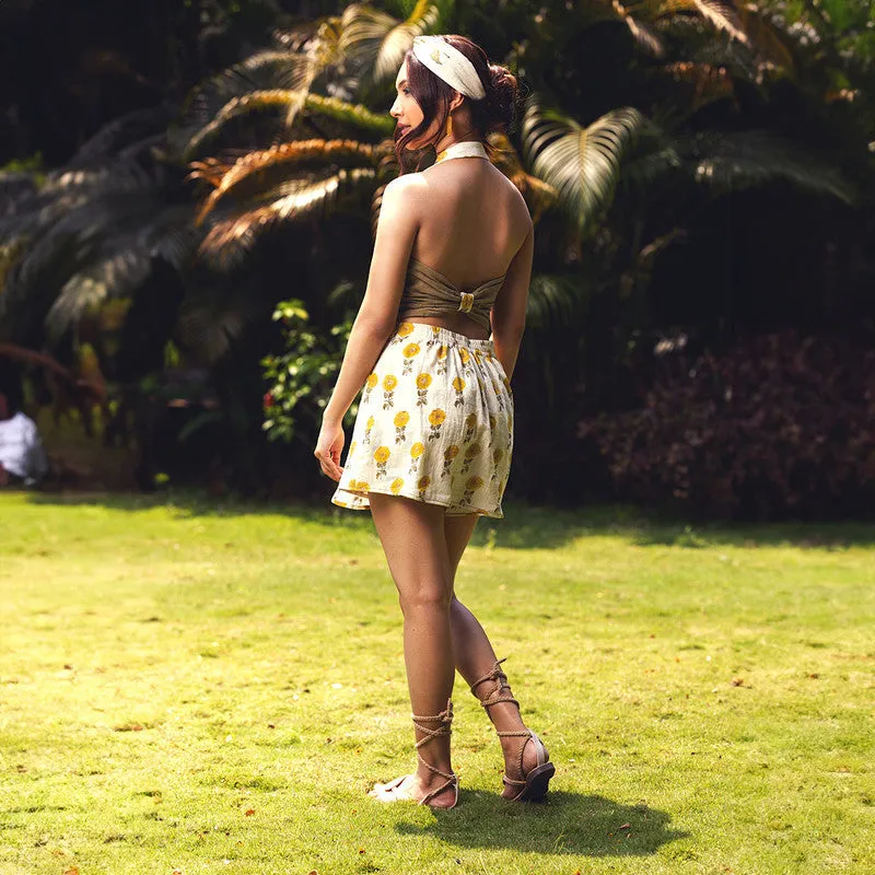 Cotton Co-Ords Set For Women | Vest & Skirt | Sunflower Printed |Yellow