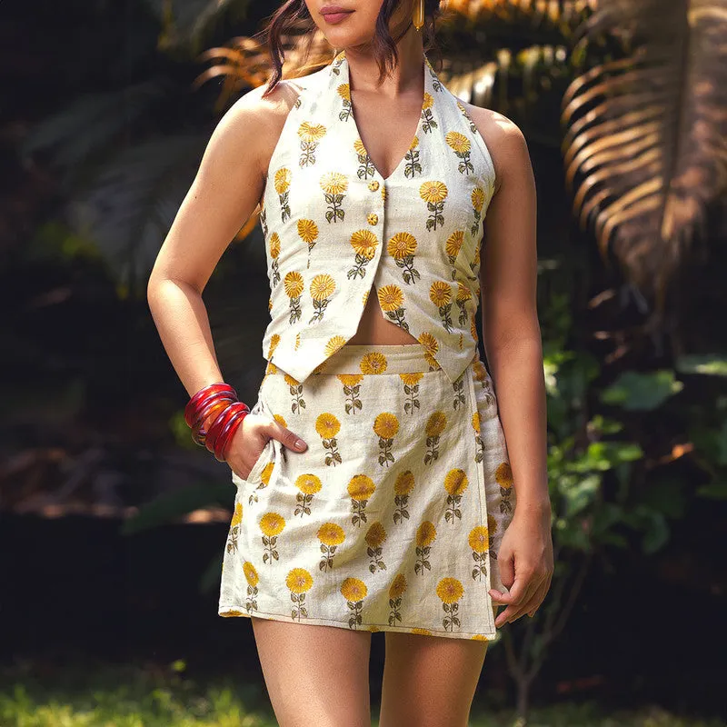 Cotton Co-Ords Set For Women | Vest & Skirt | Sunflower Printed |Yellow