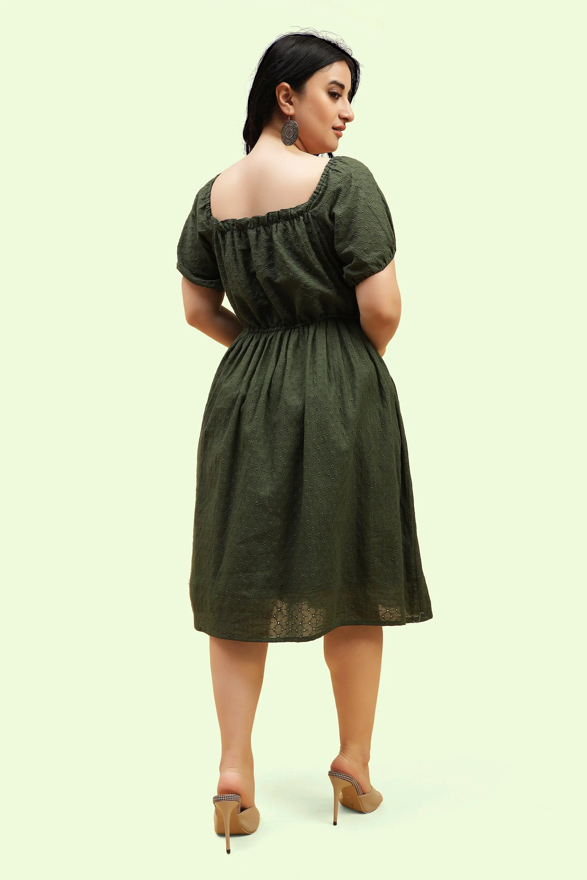 Curvy Lane Women Plus Size Raglan Puff Sleeves Flared Schiffli Dress