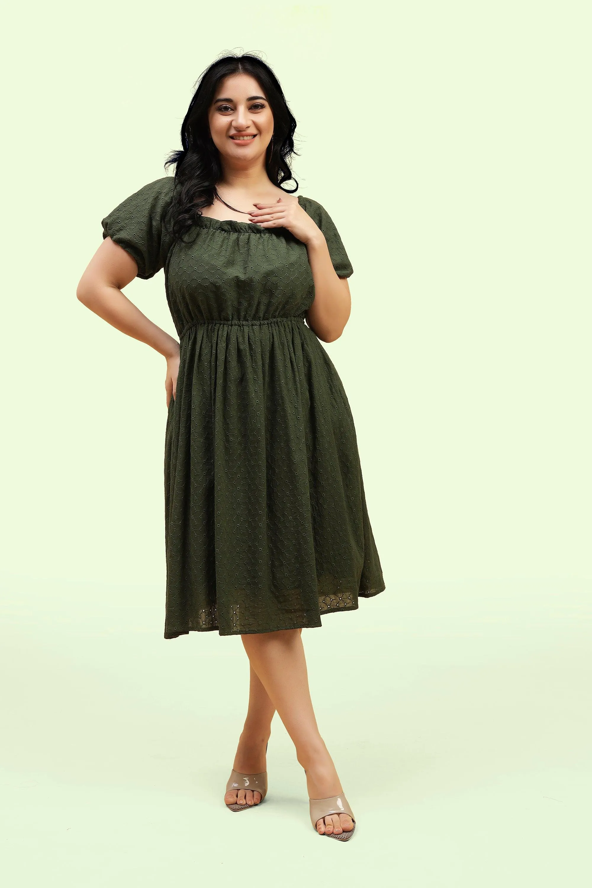 Curvy Lane Women Plus Size Raglan Puff Sleeves Flared Schiffli Dress