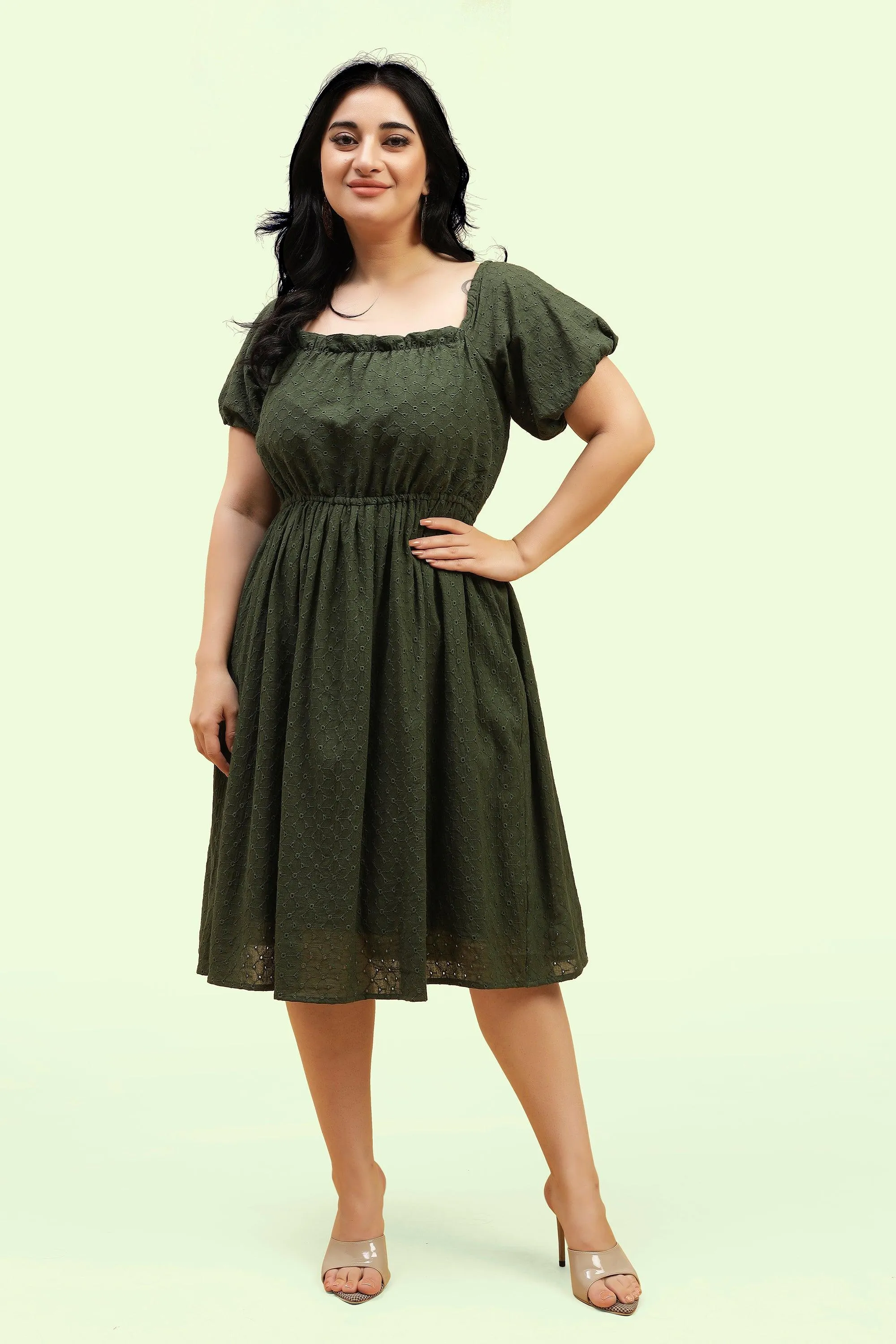 Curvy Lane Women Plus Size Raglan Puff Sleeves Flared Schiffli Dress