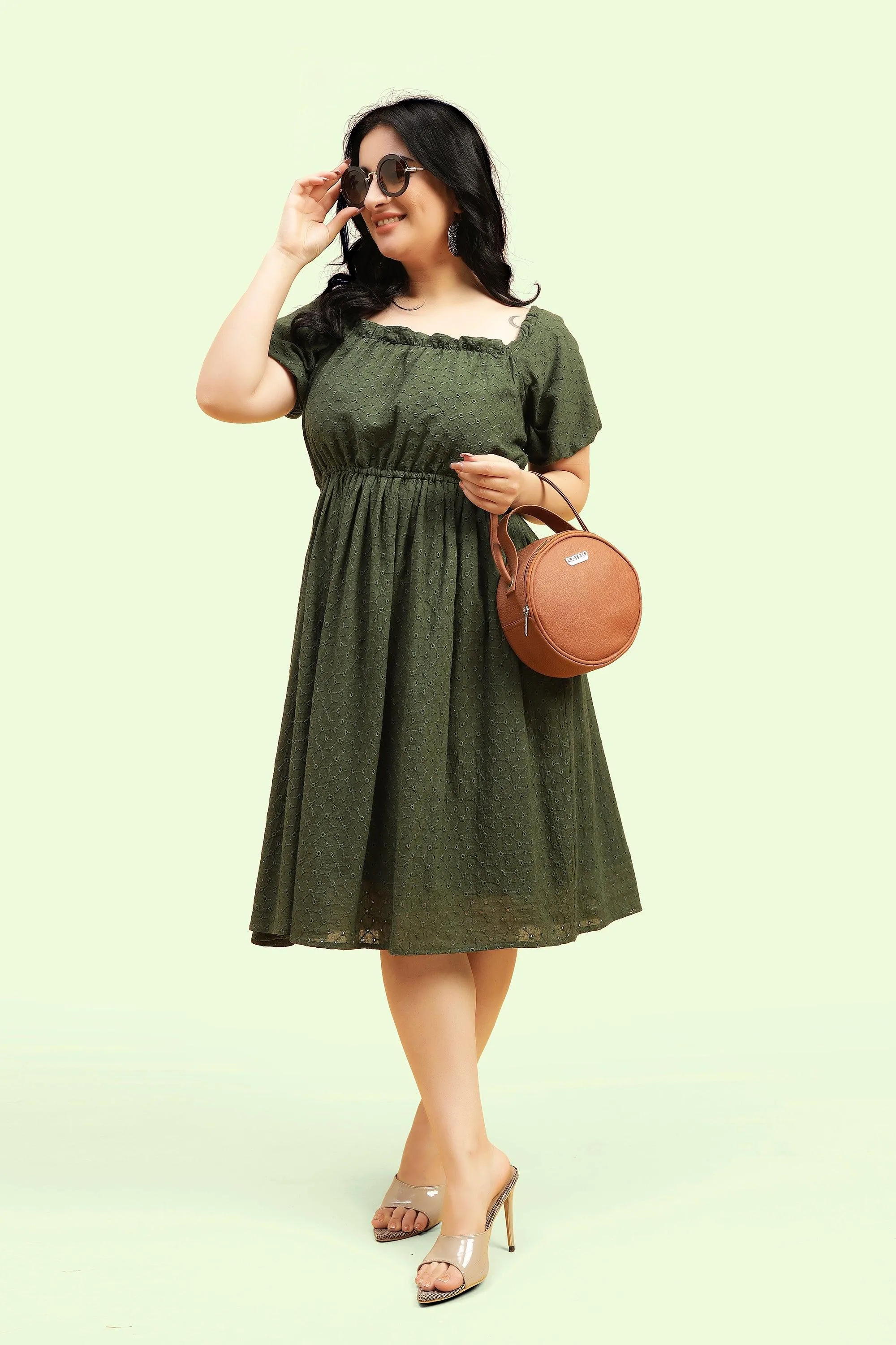 Curvy Lane Women Plus Size Raglan Puff Sleeves Flared Schiffli Dress