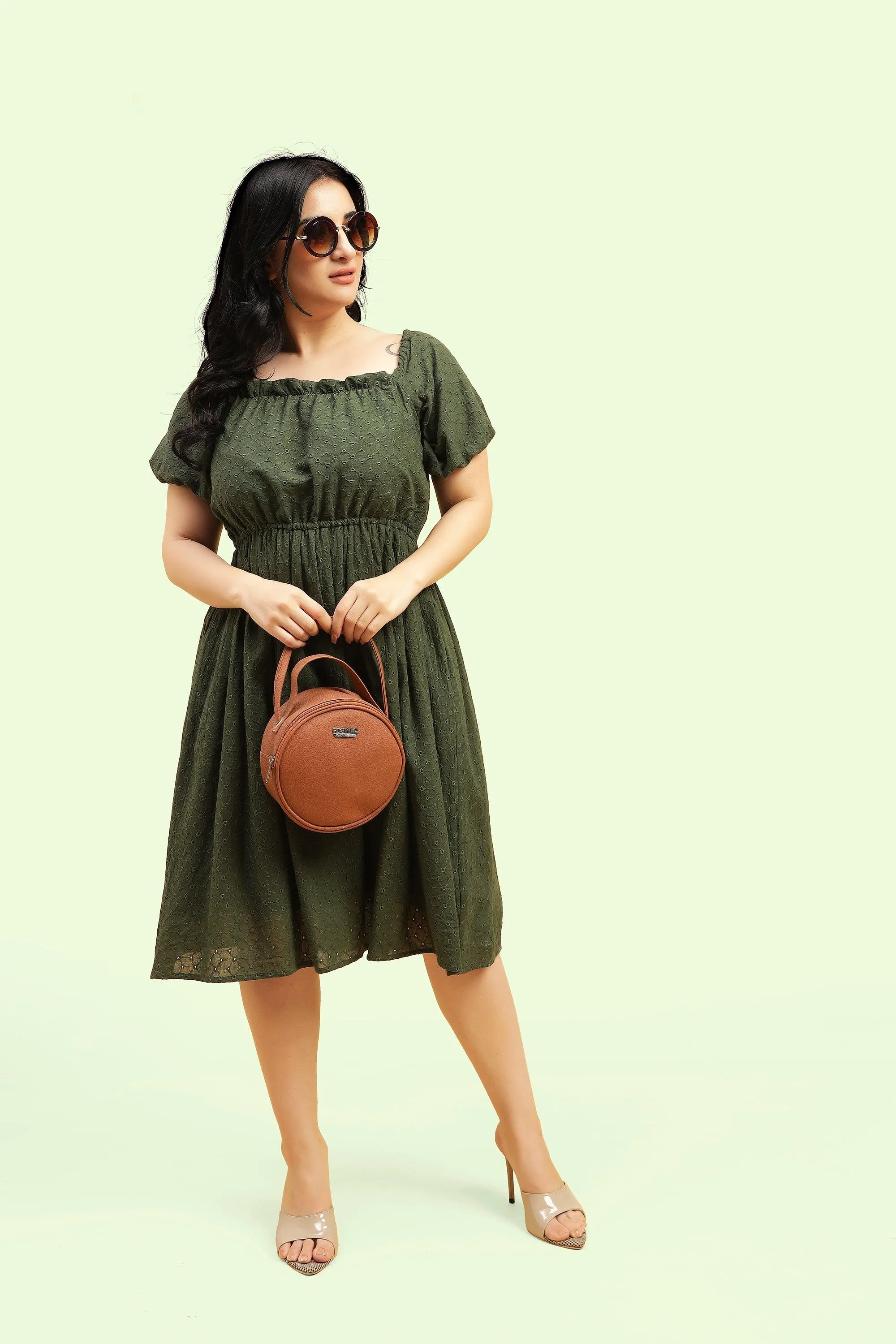 Curvy Lane Women Plus Size Raglan Puff Sleeves Flared Schiffli Dress