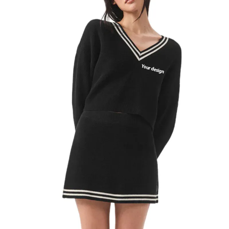Custom 100% Cotton Women Knit Sweater Two-Piece Crop Set | OEM/ODM Manufacturer | Custom Logo Text