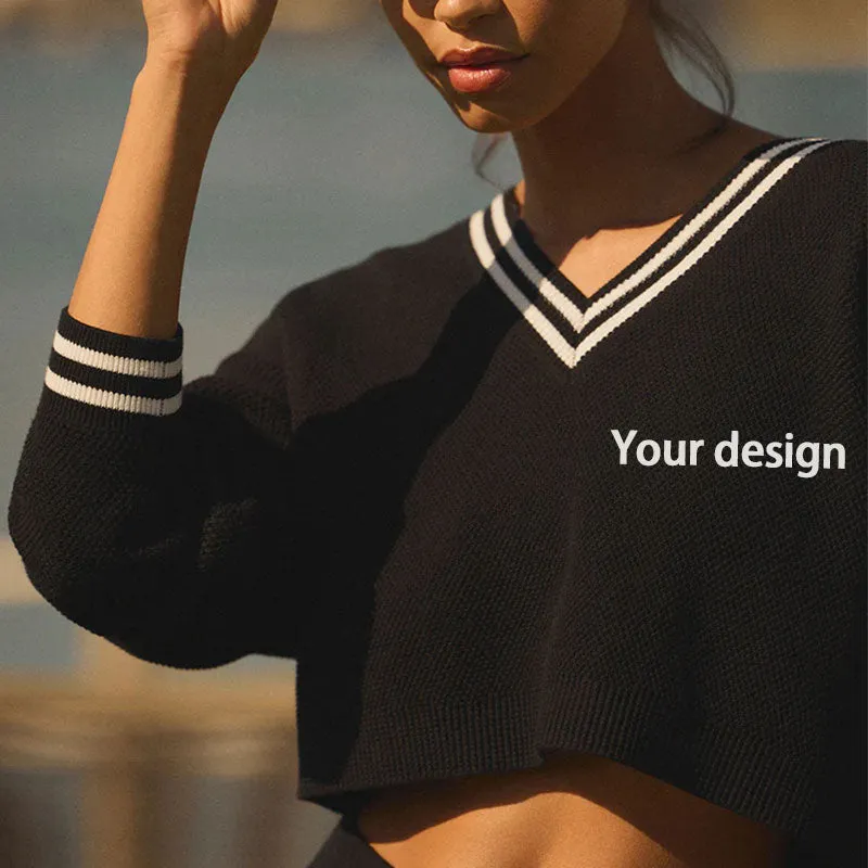 Custom 100% Cotton Women Knit Sweater Two-Piece Crop Set | OEM/ODM Manufacturer | Custom Logo Text