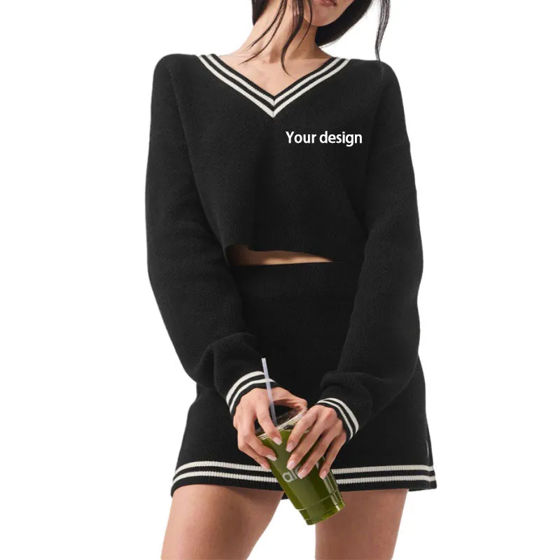 Custom 100% Cotton Women Knit Sweater Two-Piece Crop Set | OEM/ODM Manufacturer | Custom Logo Text