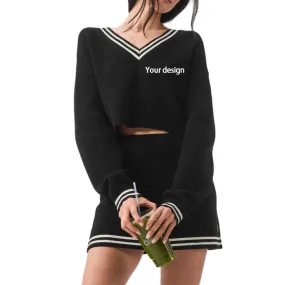 Custom 100% Cotton Women Knit Sweater Two-Piece Crop Set | OEM/ODM Manufacturer | Custom Logo Text