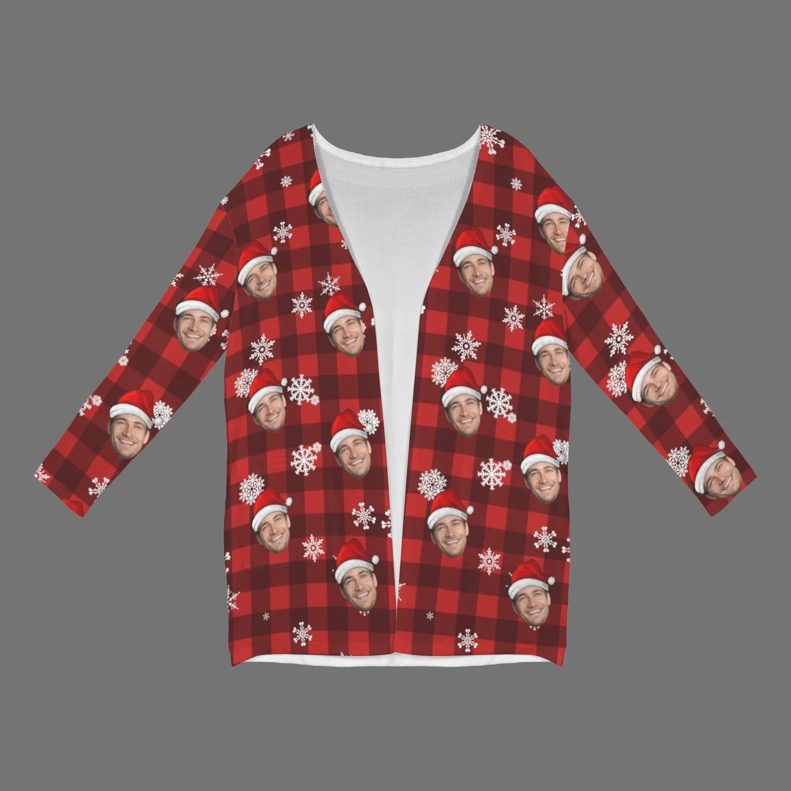 Custom Face Cardigan Ugly Christmas BuffaloCheck Sweater Women's Long Sleeve Pocket Cardigan