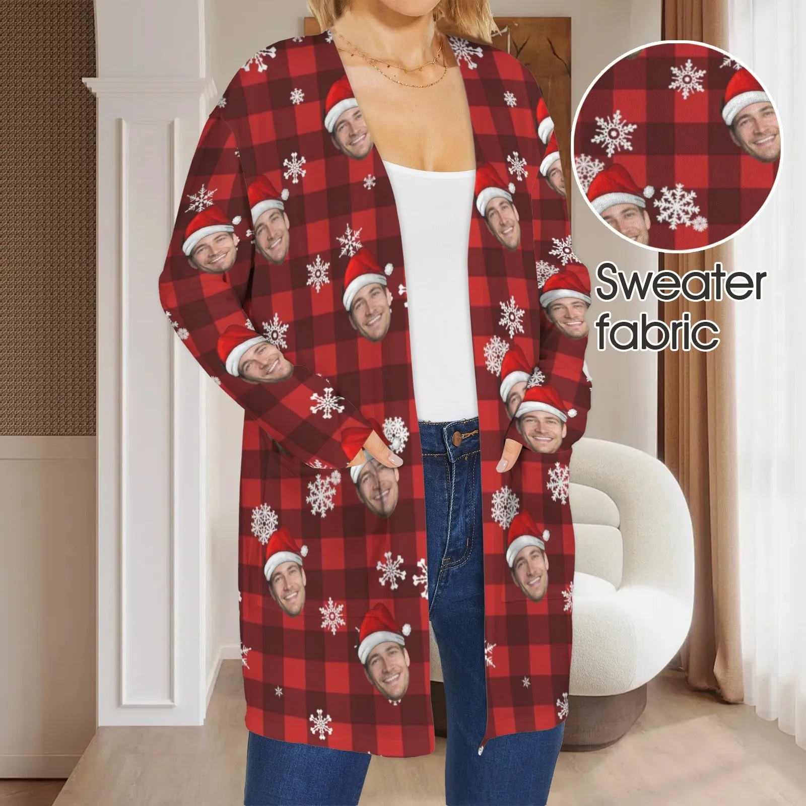 Custom Face Cardigan Ugly Christmas BuffaloCheck Sweater Women's Long Sleeve Pocket Cardigan