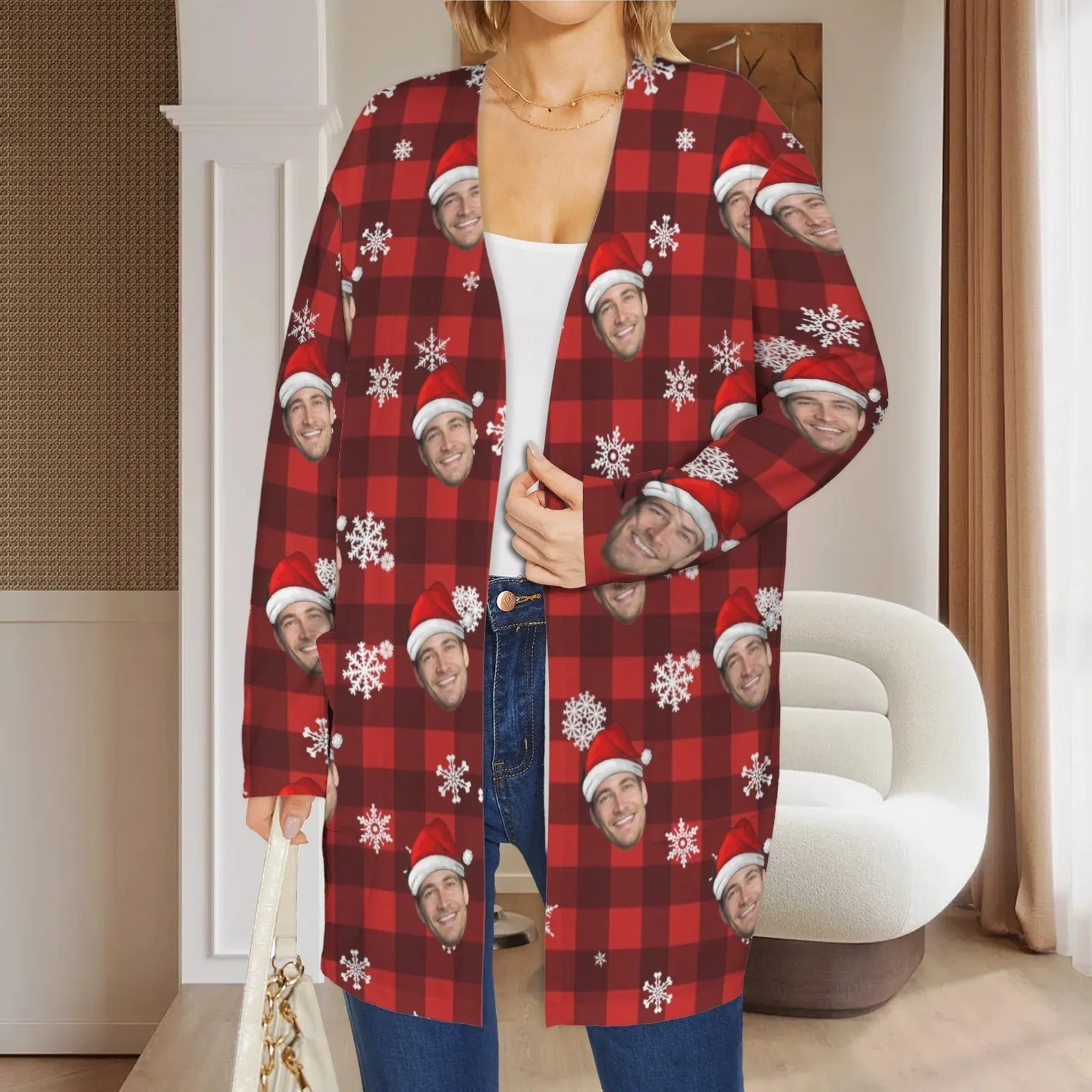 Custom Face Cardigan Ugly Christmas BuffaloCheck Sweater Women's Long Sleeve Pocket Cardigan