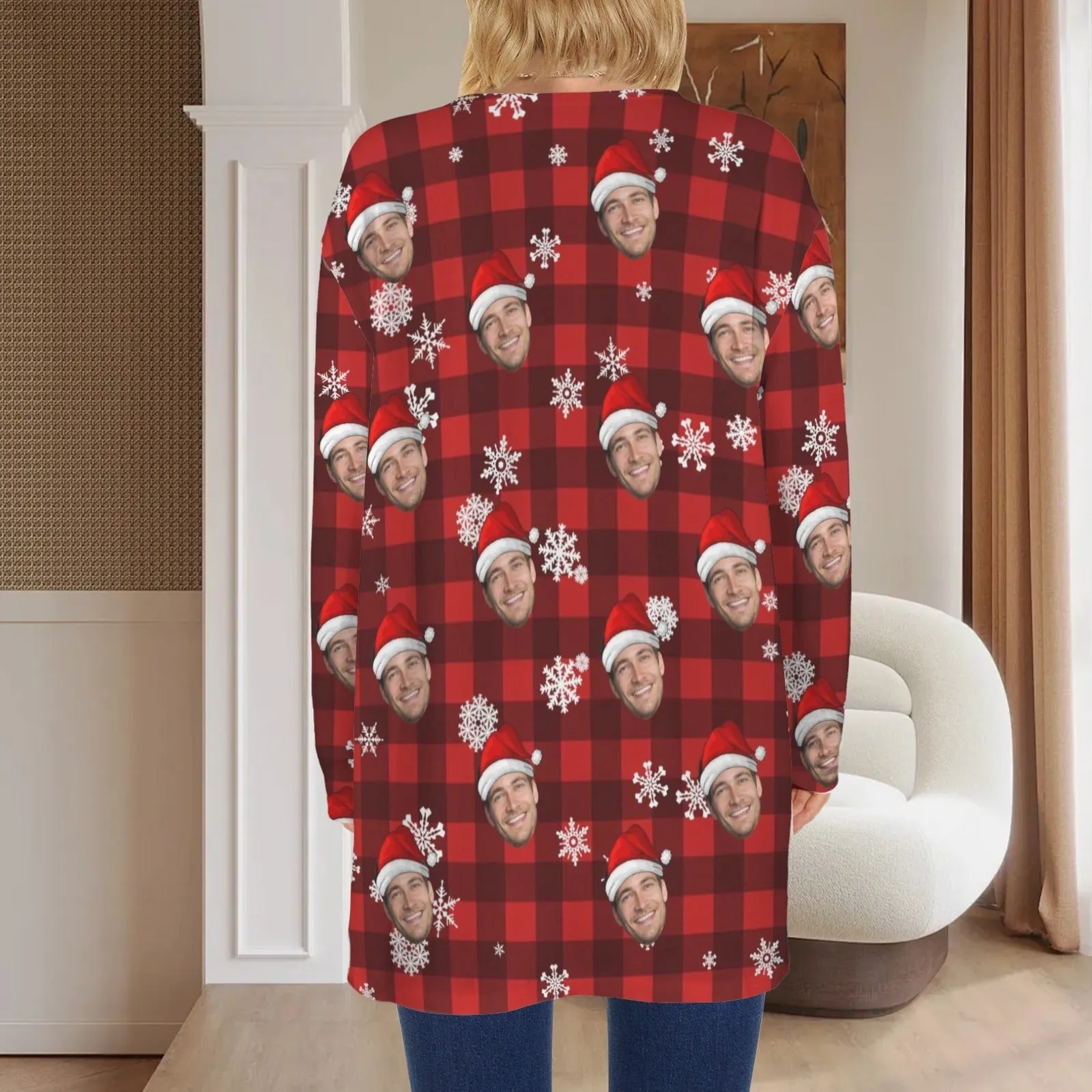 Custom Face Cardigan Ugly Christmas BuffaloCheck Sweater Women's Long Sleeve Pocket Cardigan
