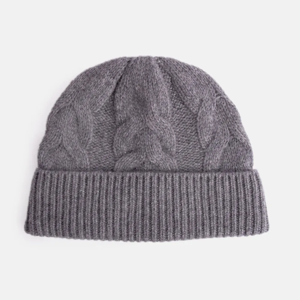 Dark Grey Cashmere Cable Knit Beanie Hat