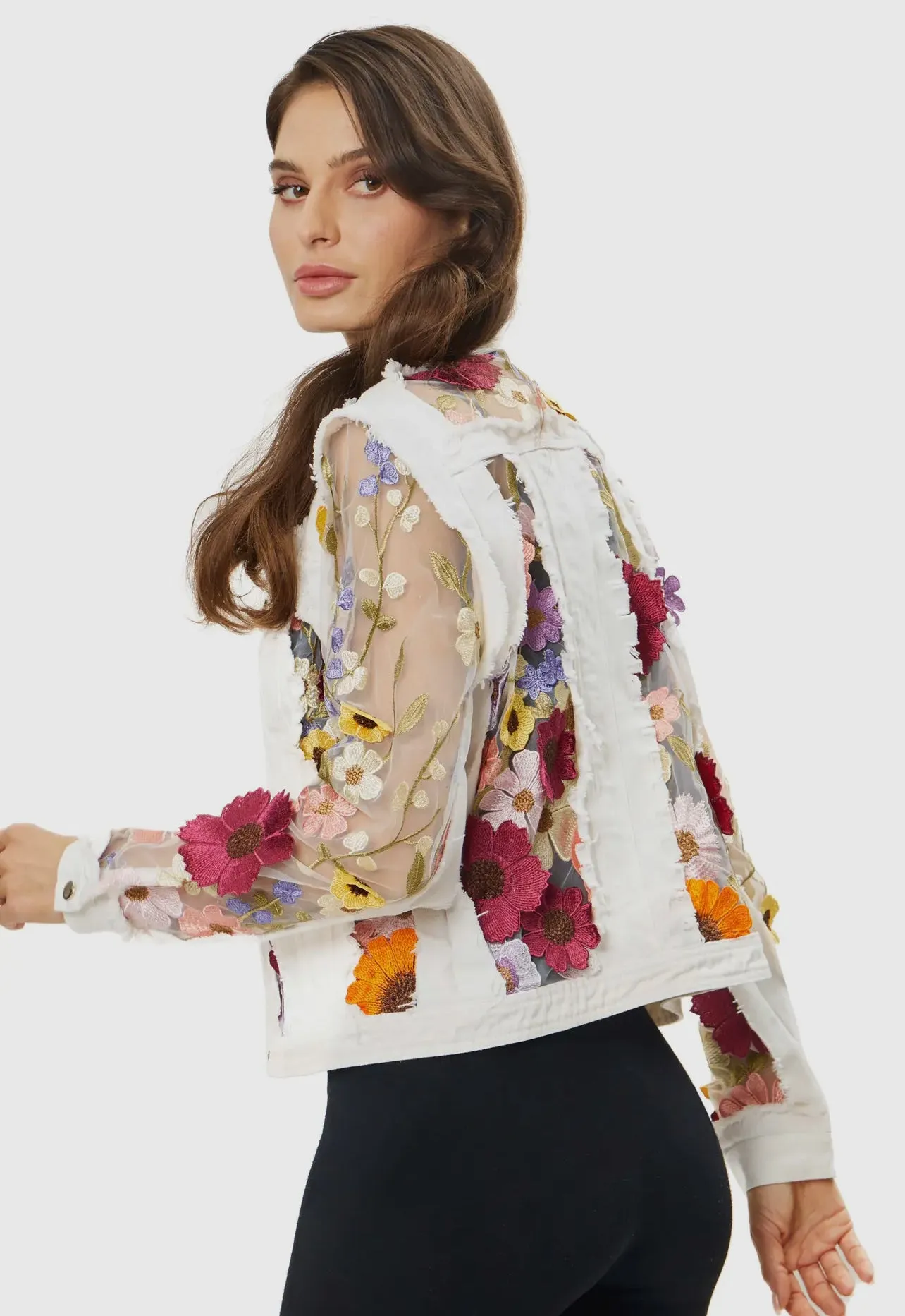 Denim Flower Illusion Jacket in White by Adore