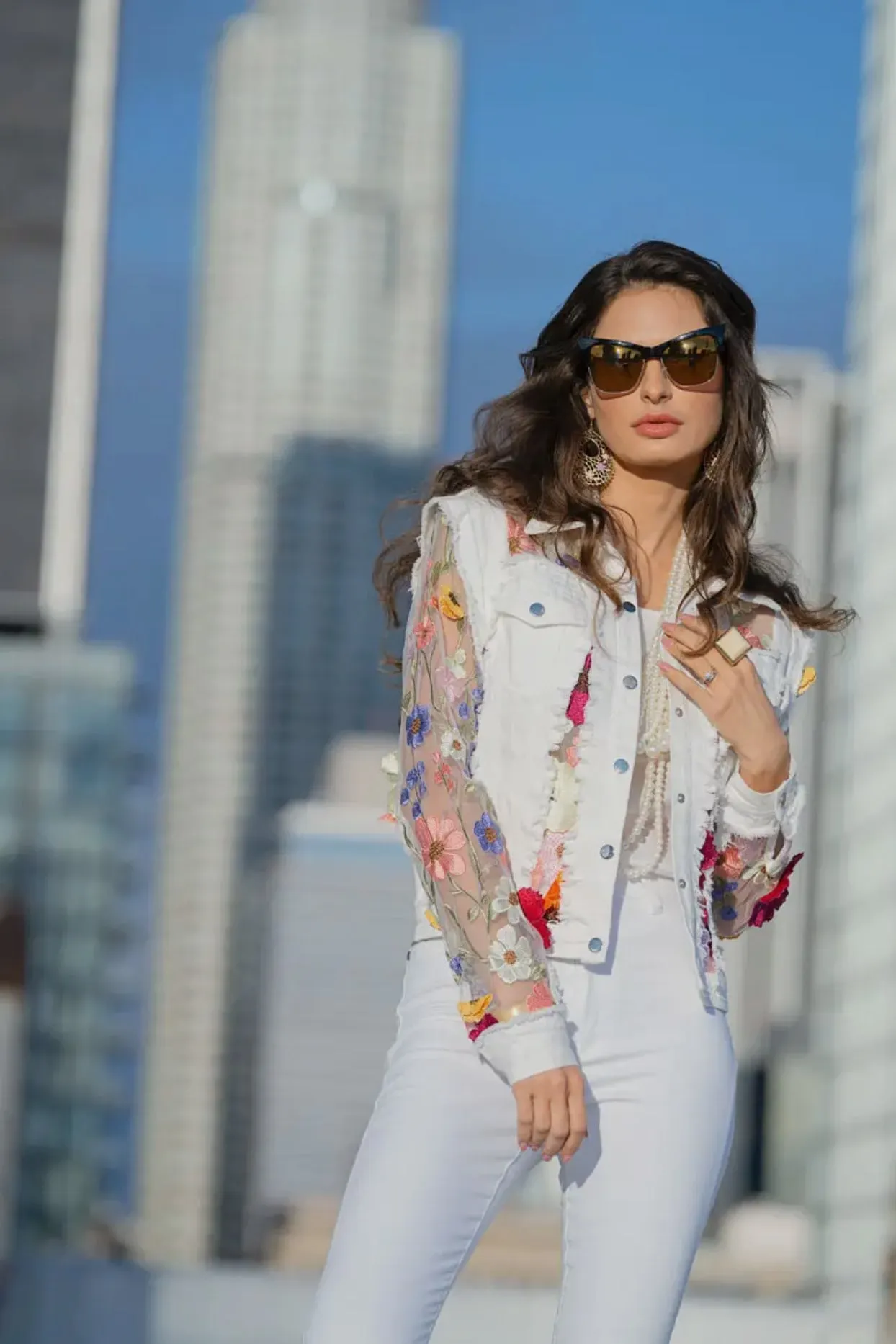 Denim Flower Illusion Jacket in White by Adore