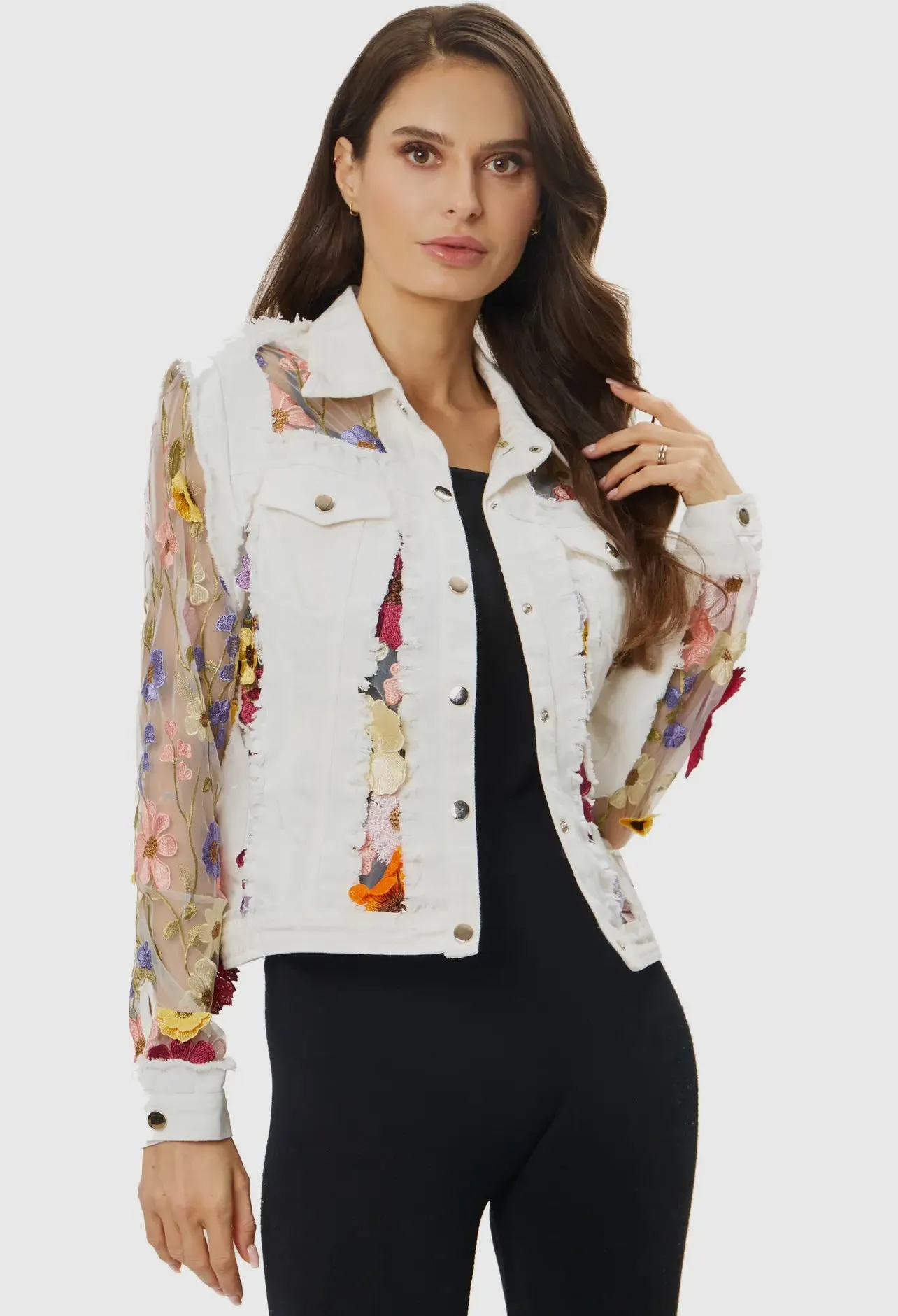 Denim Flower Illusion Jacket in White by Adore