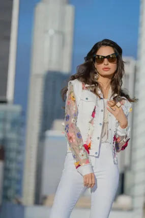 Denim Flower Illusion Jacket in White by Adore