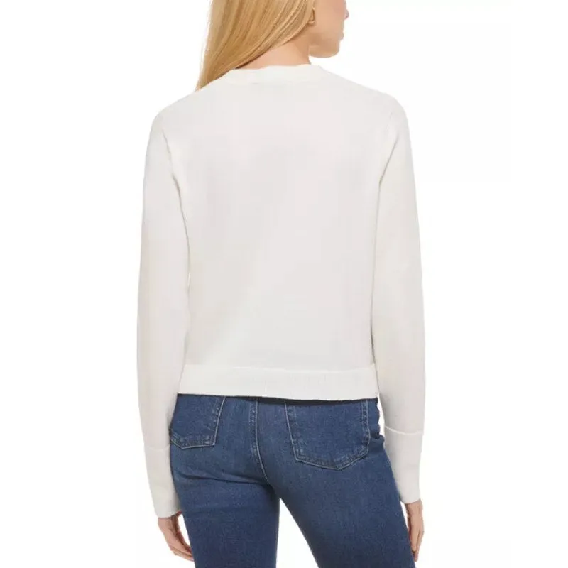 DKNY JEANS Women's Crewneck Sweater XXS Ivory White Sequin Logo Cotton Blend NWT