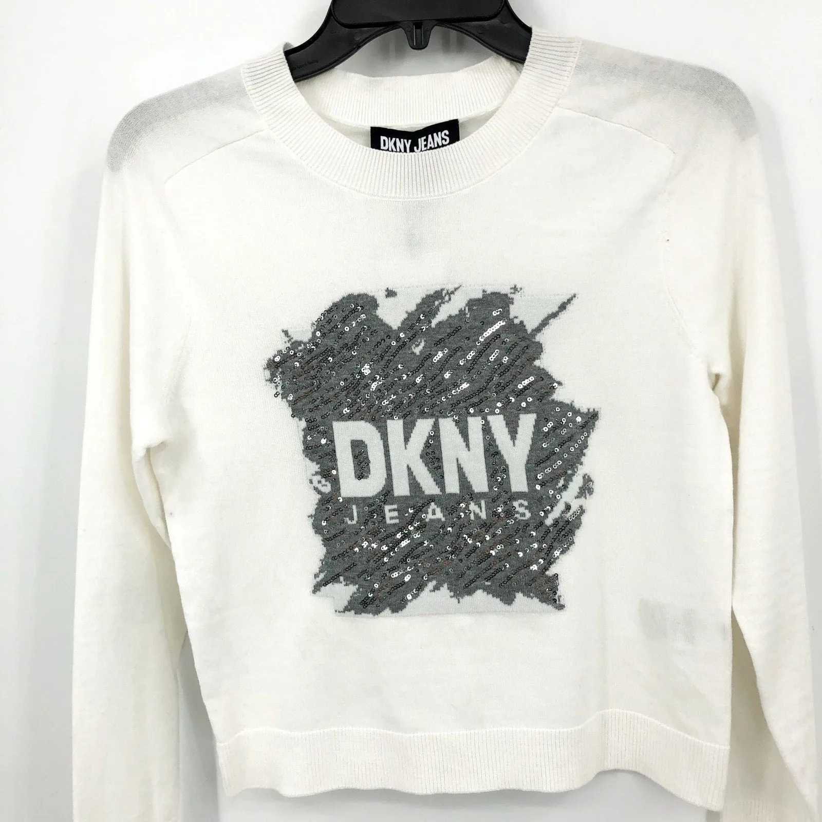 DKNY JEANS Women's Crewneck Sweater XXS Ivory White Sequin Logo Cotton Blend NWT