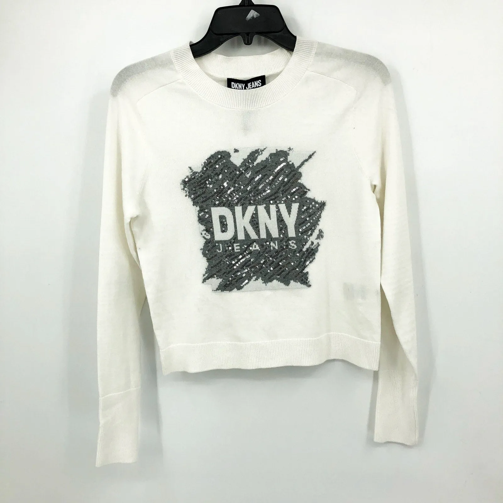 DKNY JEANS Women's Crewneck Sweater XXS Ivory White Sequin Logo Cotton Blend NWT