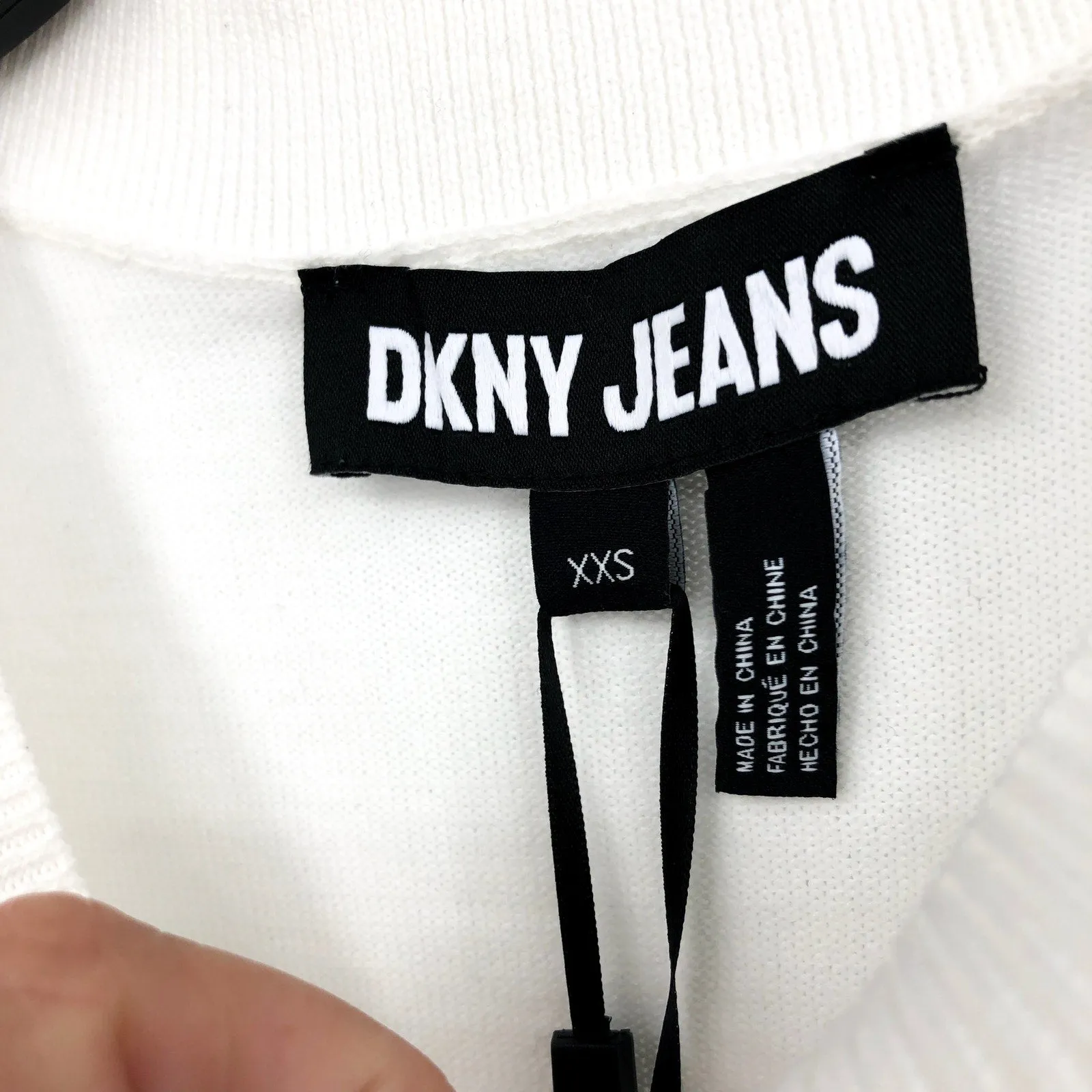 DKNY JEANS Women's Crewneck Sweater XXS Ivory White Sequin Logo Cotton Blend NWT