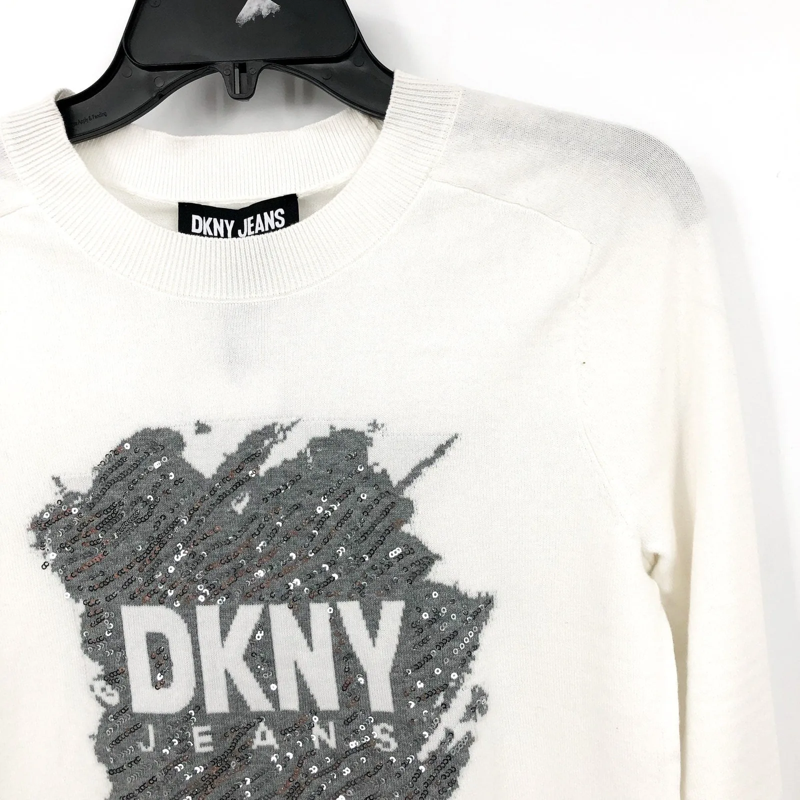 DKNY JEANS Women's Crewneck Sweater XXS Ivory White Sequin Logo Cotton Blend NWT