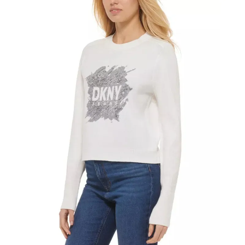 DKNY JEANS Women's Crewneck Sweater XXS Ivory White Sequin Logo Cotton Blend NWT