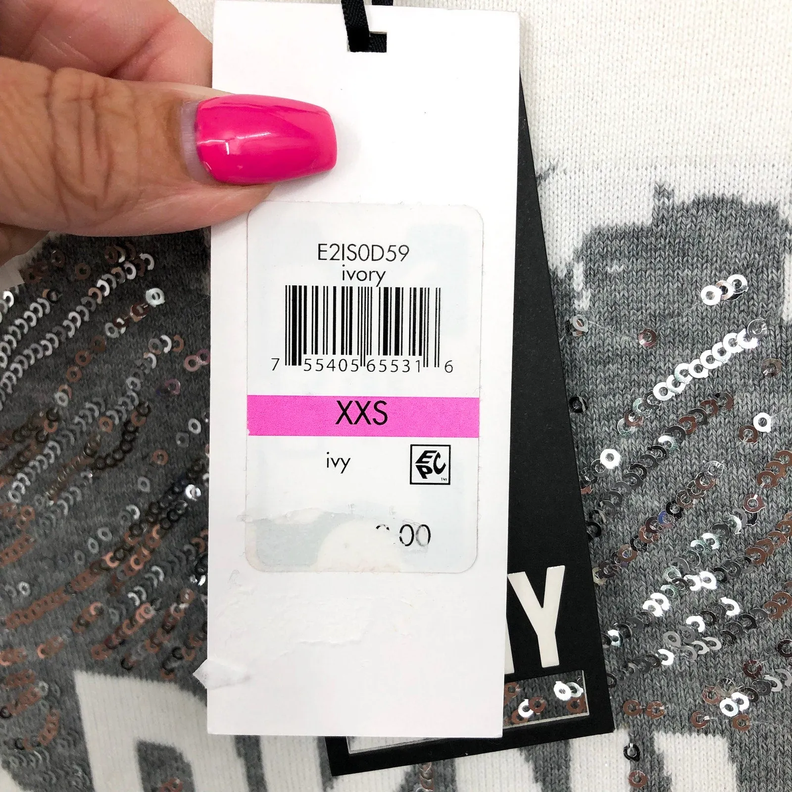 DKNY JEANS Women's Crewneck Sweater XXS Ivory White Sequin Logo Cotton Blend NWT