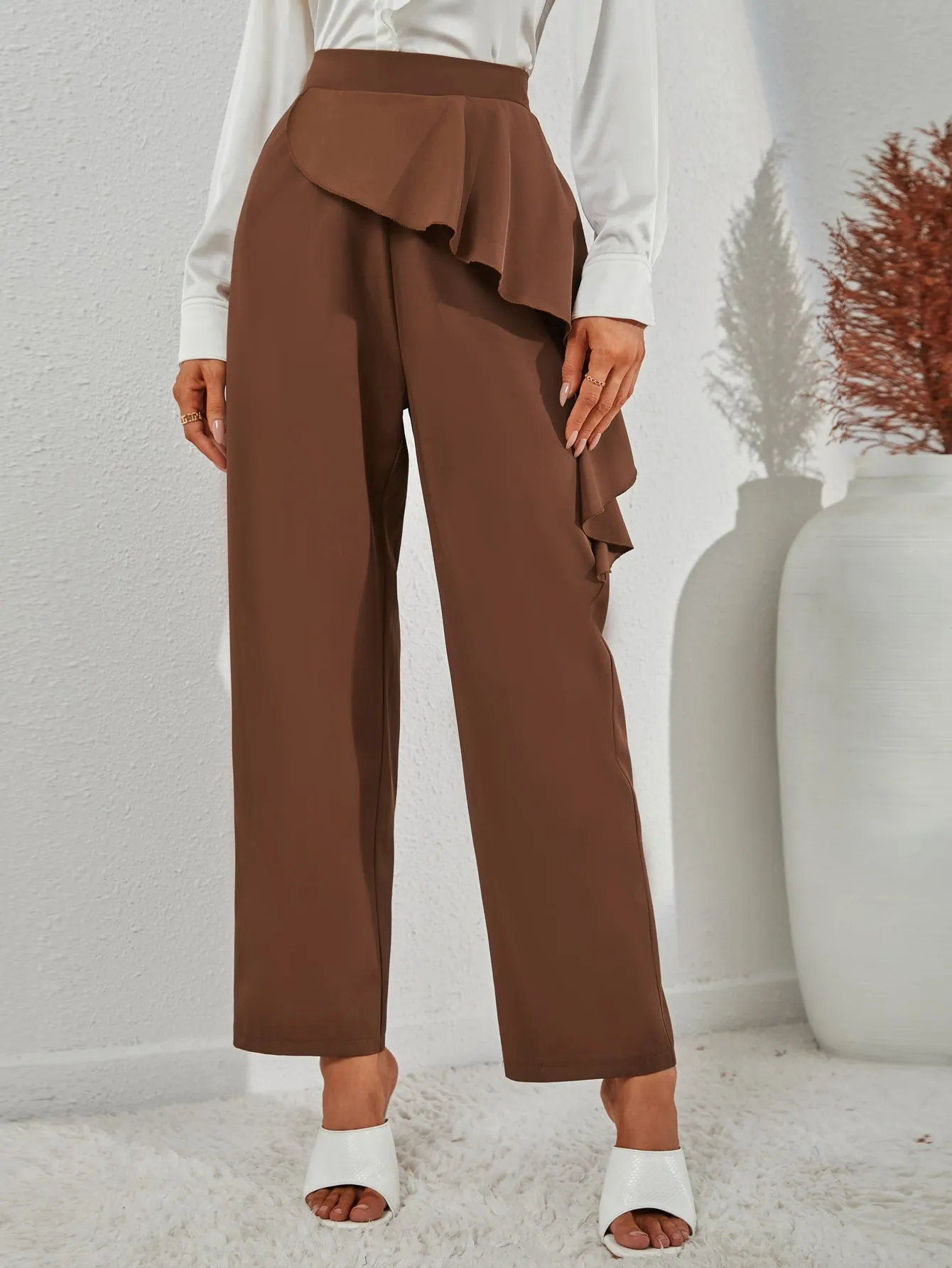 Elegant Plain Ruffle High Waist Long Women Pants