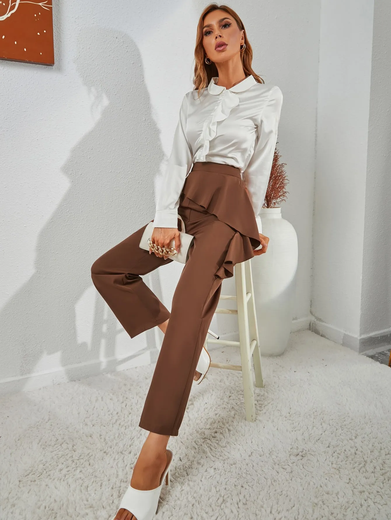 Elegant Plain Ruffle High Waist Long Women Pants
