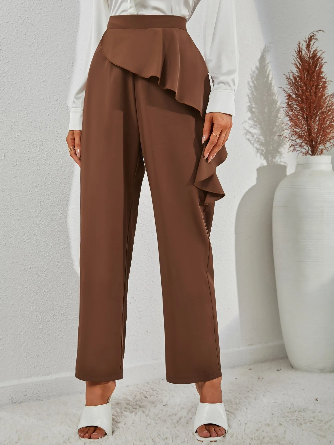 Elegant Plain Ruffle High Waist Long Women Pants