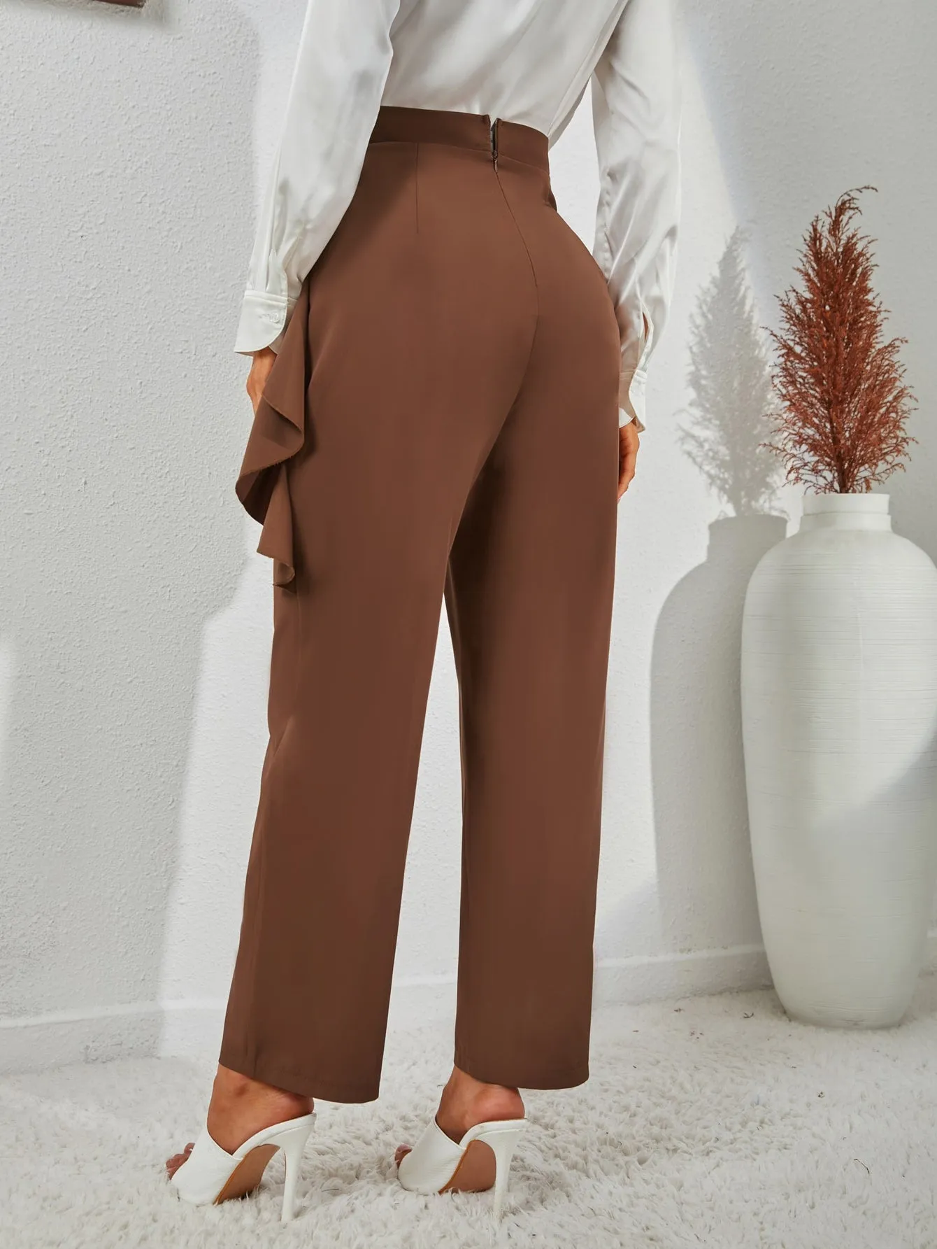Elegant Plain Ruffle High Waist Long Women Pants
