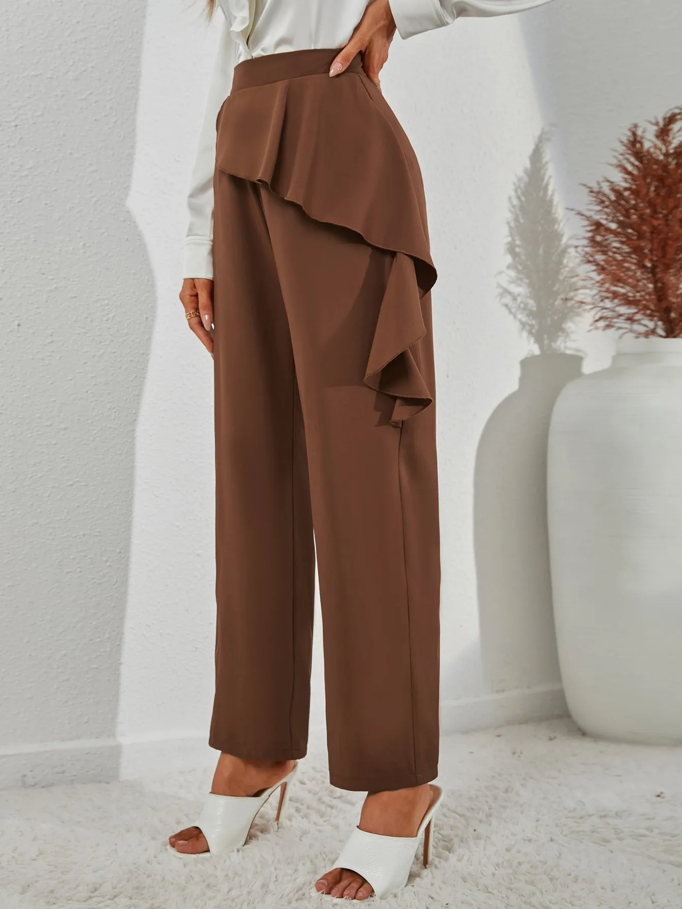 Elegant Plain Ruffle High Waist Long Women Pants