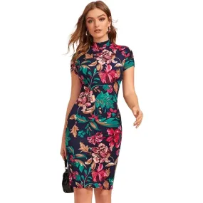 Elegant Women's Sleeve Mock Neck Bodycon Dress With Floral Print